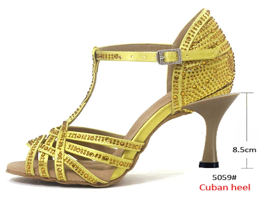 WUXIJIAO Classic Yellow Satin Latin Dance Shoes British Style Water Diamond Dance Shoes Sasha Tango Dance Shoes