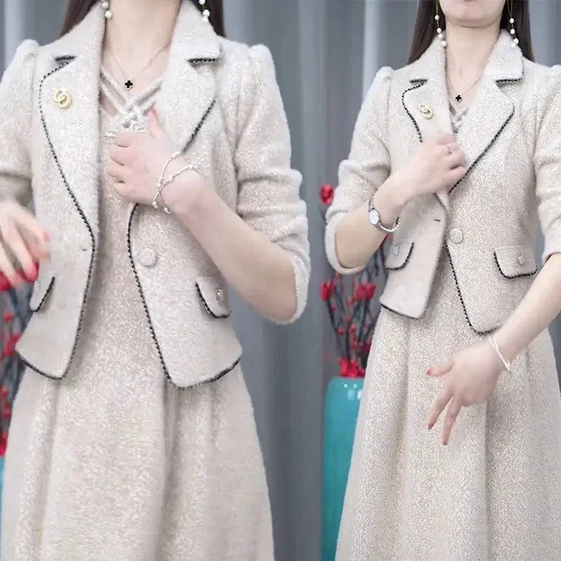 Middle Aged Female Dress Sets Spring Autumn High End Elegant Blazer Coat And Long Dress 2PCS Women OL Temperament Dresses Suit