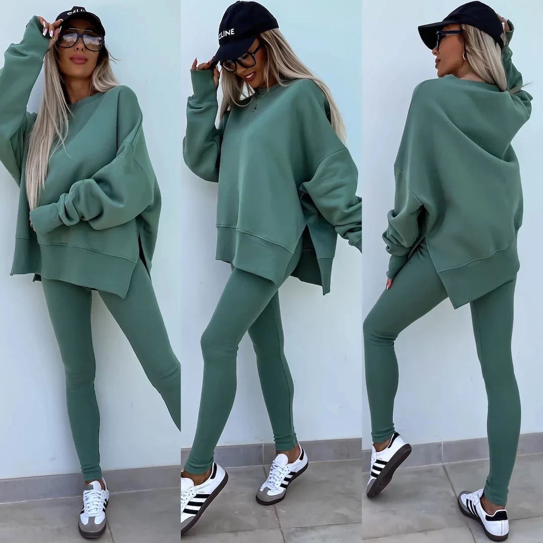 New in Women Tracksuit 2 Piece Sets Autumn Casual Oversized Sweatshirts Slit Fitness Slim High Waist Leggings Hoodie Set Female