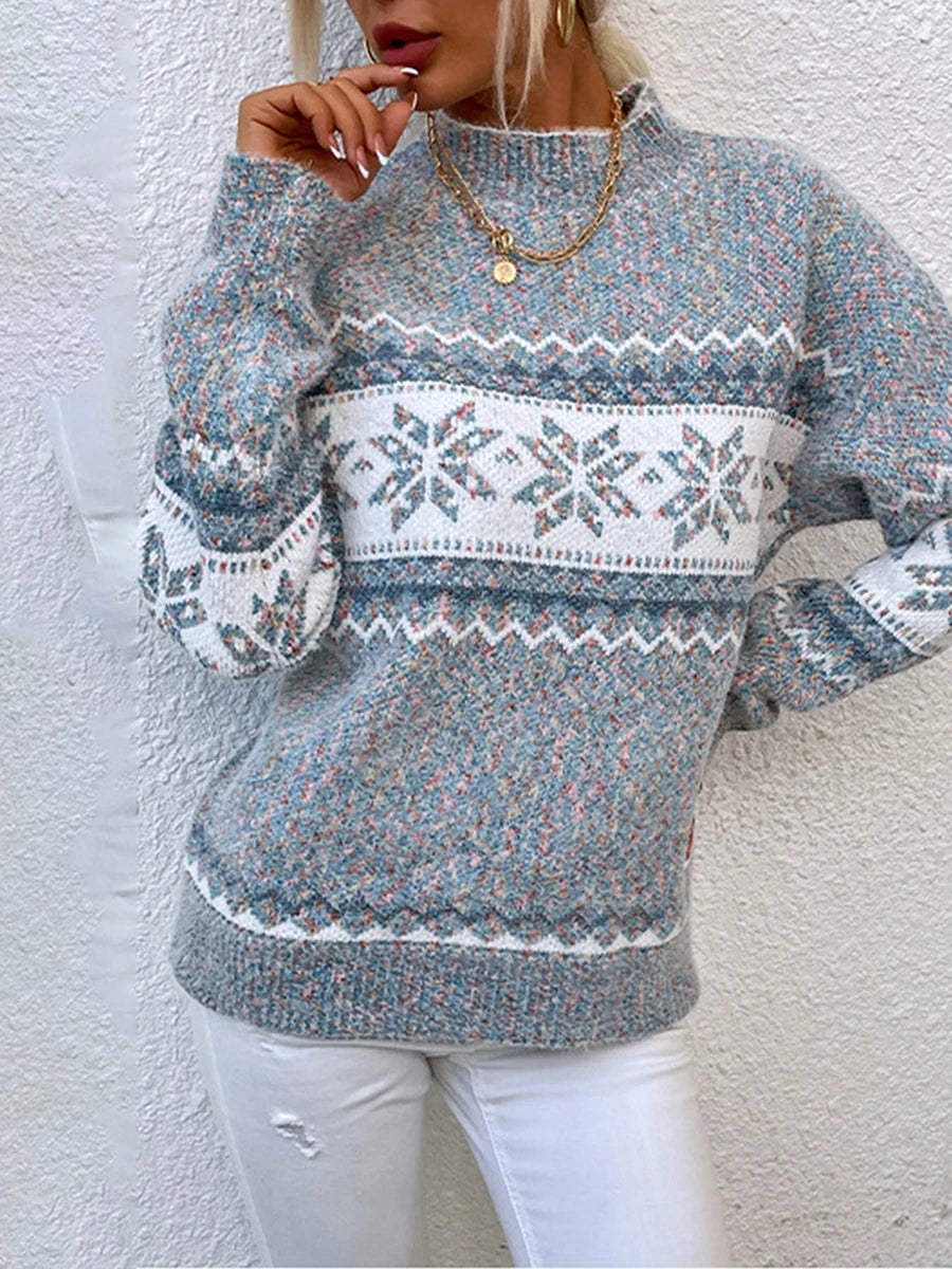 Women s Loose Christmas Sweater Snowflake Print Long Sleeve Half High Neck Pullover Holiday Knitwear