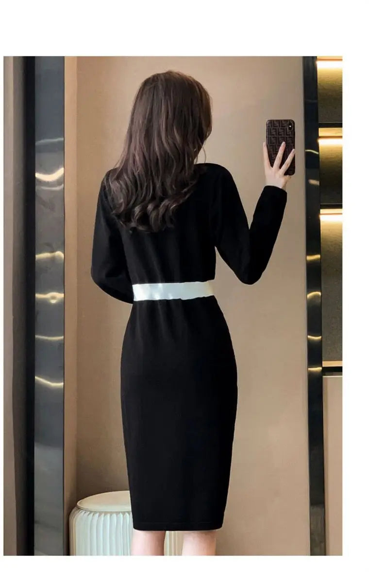 2023 Autumn And Winter New Temperament Celebrity Xiaoxiangfeng Knitted Dress Women's V-Neck Waistband Goddess Style One Step