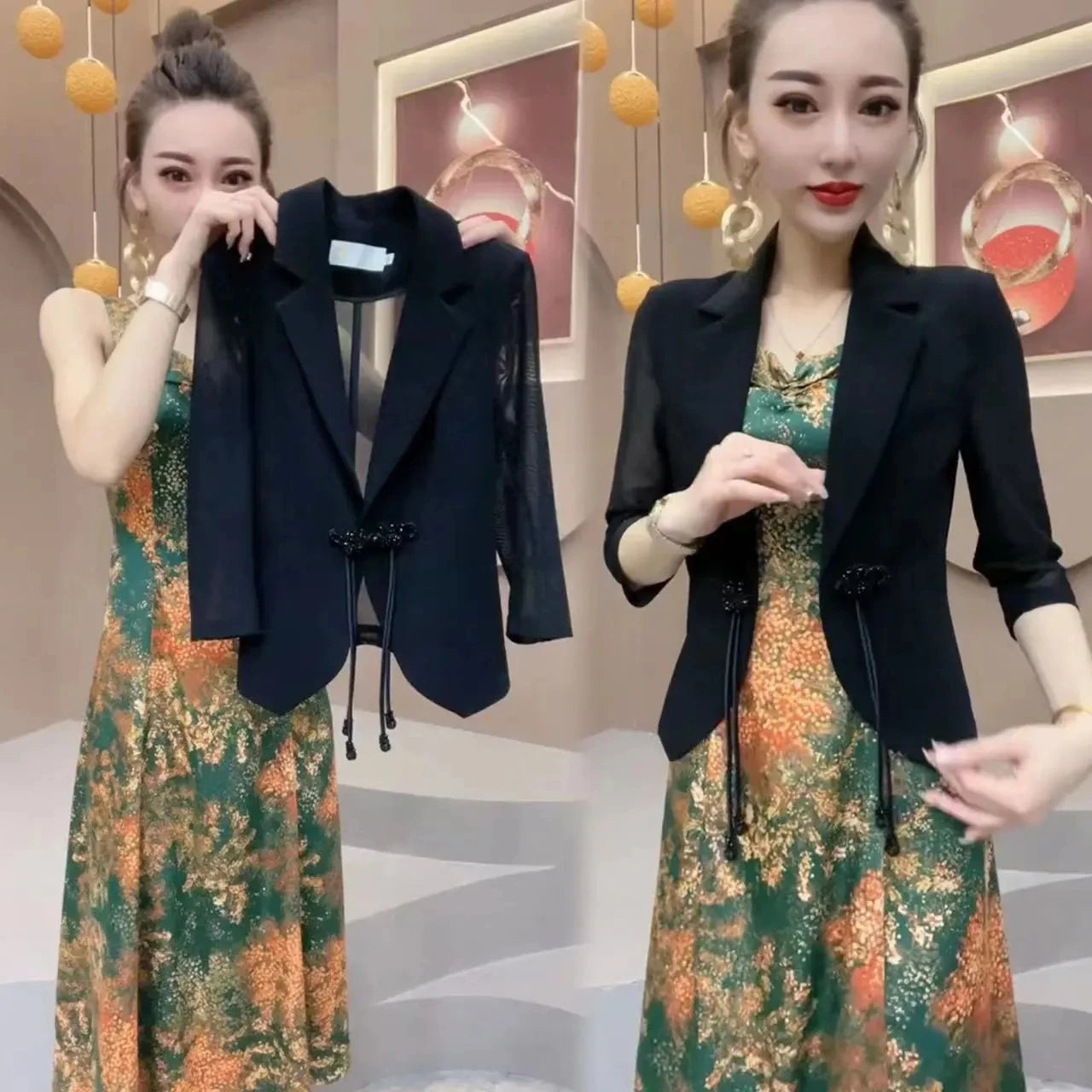 Popular High-End Brooch Blazer Slip Dress Suit Jacket Women's Summer Fashion Blazer Suit Skirt Two-Piece Set Sling Print Dress