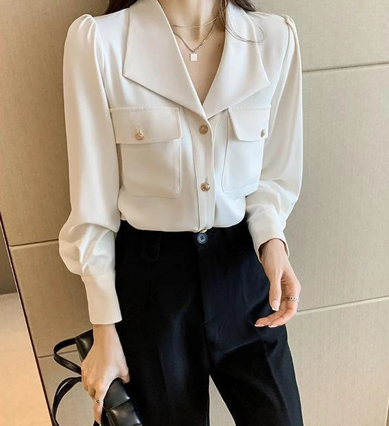 Women's Shirt and Blouse White Dress Shirts Loose Office Outfits Wear To Work Formal Female Tops Full Long Sleeve Button Up Cool