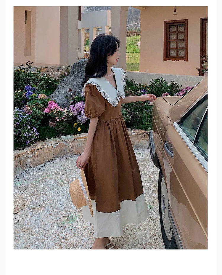 Women Dress Peter Pan Collar Hollow Out Simple Hepburn Korean Style Summer Kawaii College Patchwork Vintage Slim Fashion Preppy