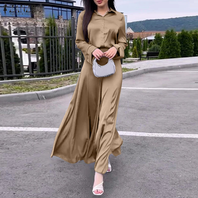 ZANZEA Vintage Satin Silk Dress Suit Fashion Solid Shirt Outfits Swing Skirt Sets Casual Loose Buttons Holiday Office 2pcs Sets