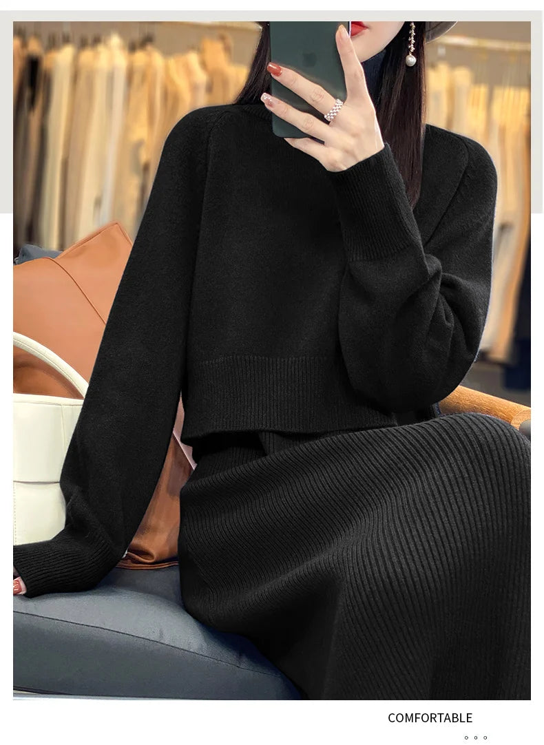 Two Piece Set Women New Autumn Winter Fashion Solid Color Sweater Suit Long Sleeve Turtleneck Clothing Straight Split Dress Sets