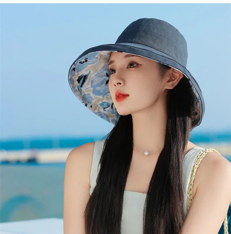 Spring Summer Double-sided Wear Large Brim Fisherman's Hat Hat Women Korea Outdoor Sunscreen Sun  Cotton Breathable Flower