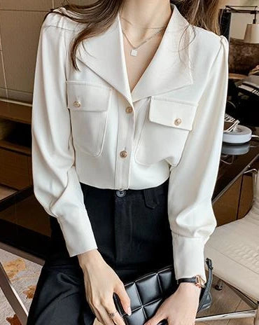 Women's Shirt and Blouse White Dress Shirts Loose Office Outfits Wear To Work Formal Female Tops Full Long Sleeve Button Up Cool