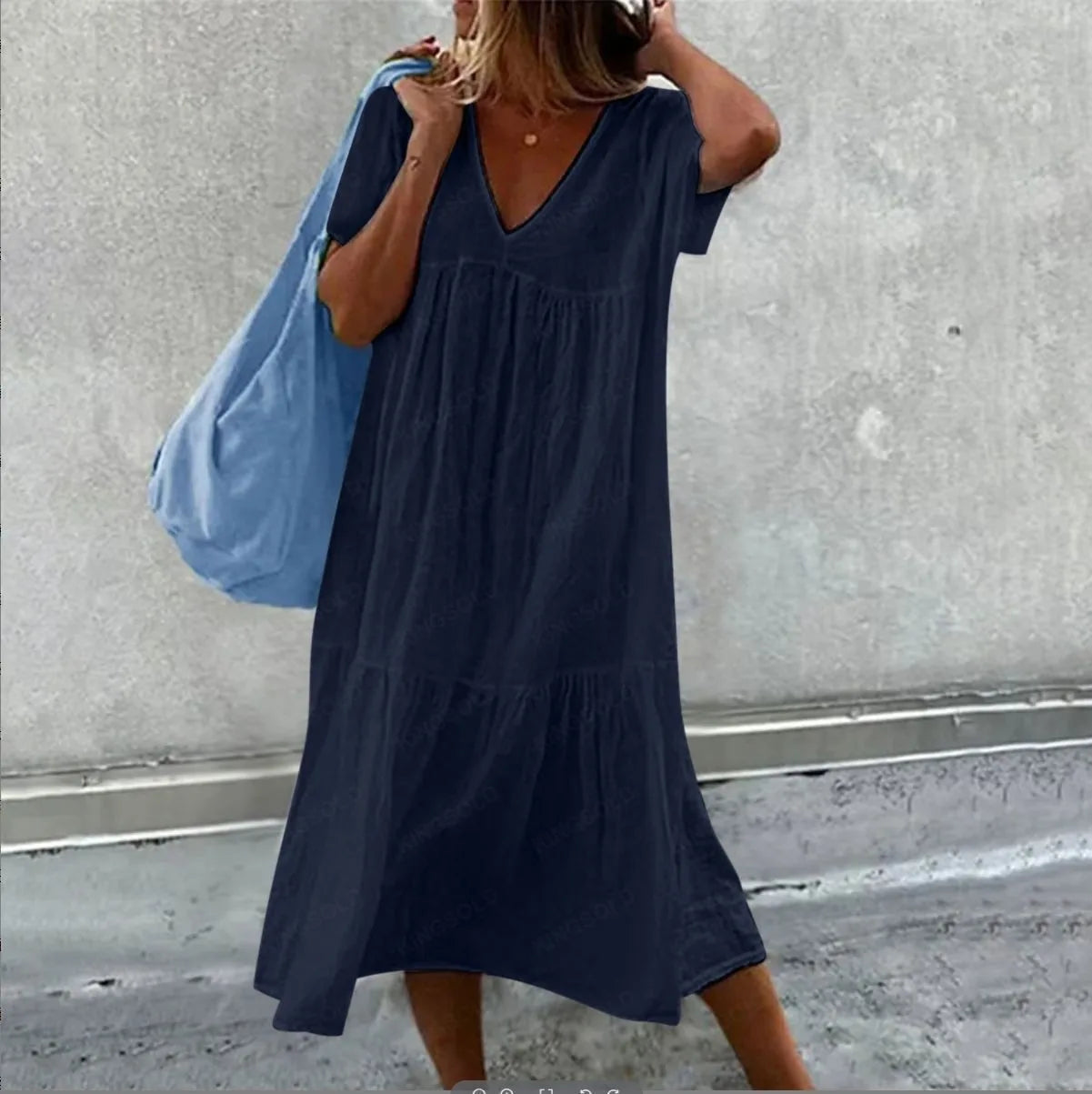 Solid Color Cotton Linen Midi Dresses Women Fashion Casual V-neck Short Sleeves Loose Dress Simple Style Lady Commuting Vestidos