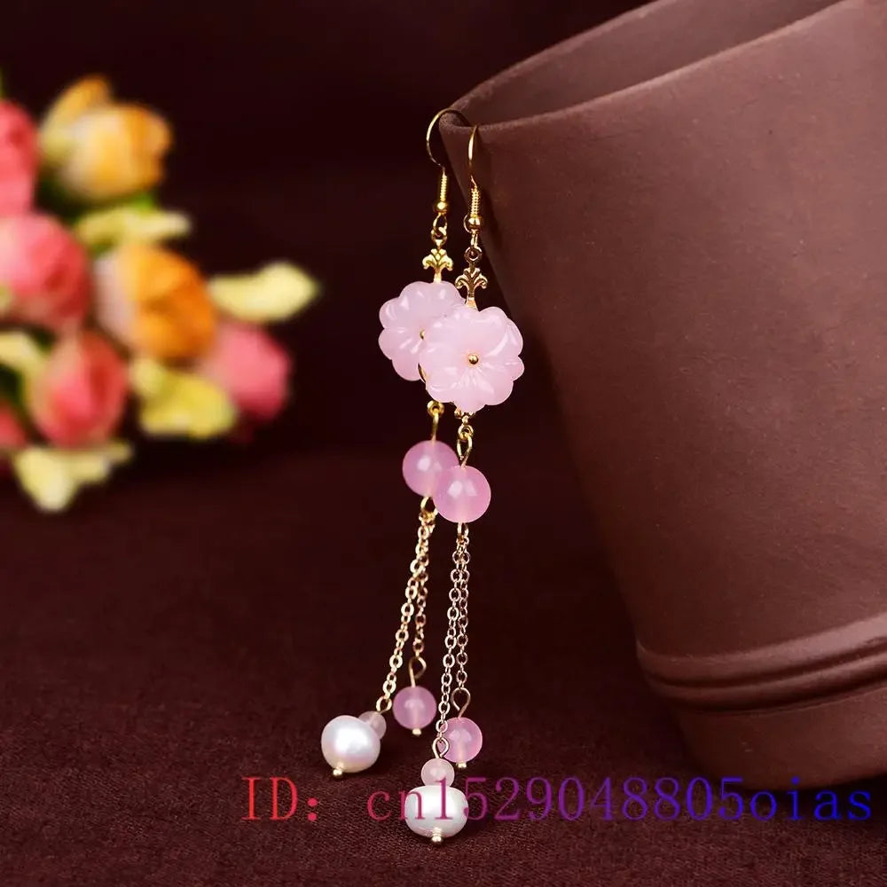 Pink Jade Flower Earrings Chalcedony Gemstone Charm Gifts Crystal Amulet Women Jewelry Natural Fashion Zircon 925 Silver