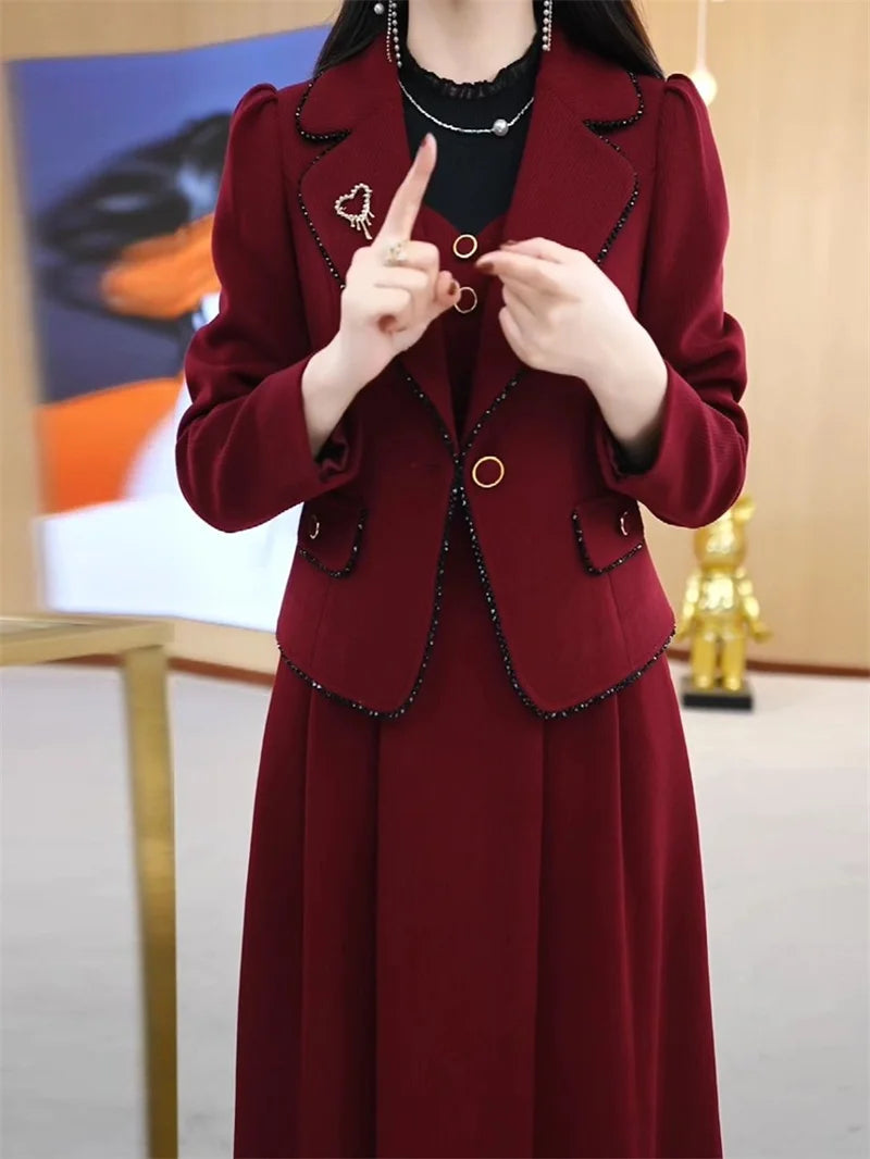 High End Suit Jacket Dress Two-piece Set Women 2024 Spring Autumn Winter New Advanced Red Blazer Coat Long Dress Female Outfit