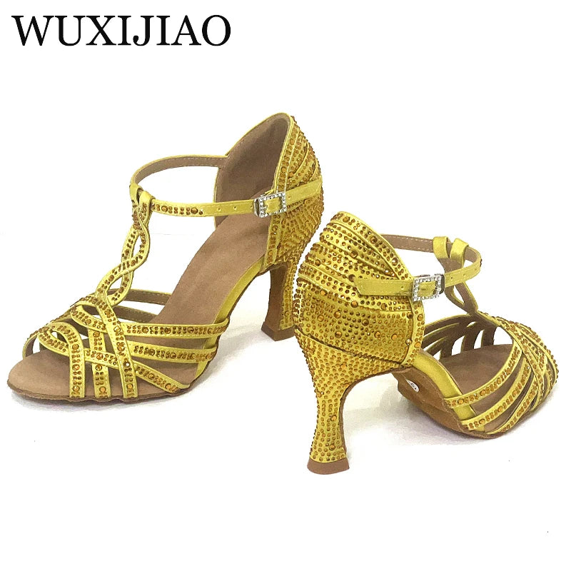 WUXIJIAO Classic Yellow Satin Latin Dance Shoes British Style Water Diamond Dance Shoes Sasha Tango Dance Shoes