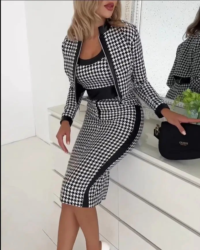 3 Two Piece Set For Women Autumn Winter Spaghetti Top And Skirt Sets Elegant Office Houndstooth Print Dress With Coat Suit