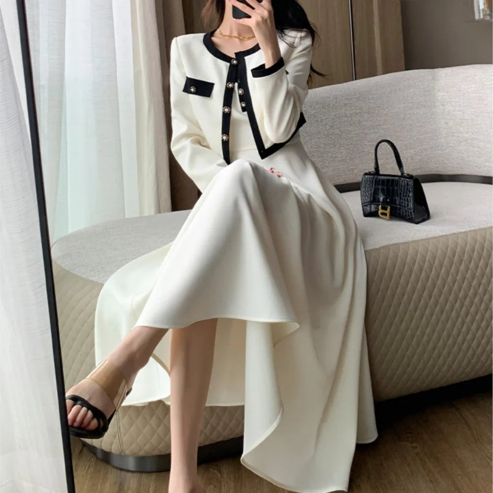 Women Short Coat A-Line Midi Camisole Dresses Spring Elegant 2-Piece Dress Set for Lady Slim Korean New Fashion Female Suit