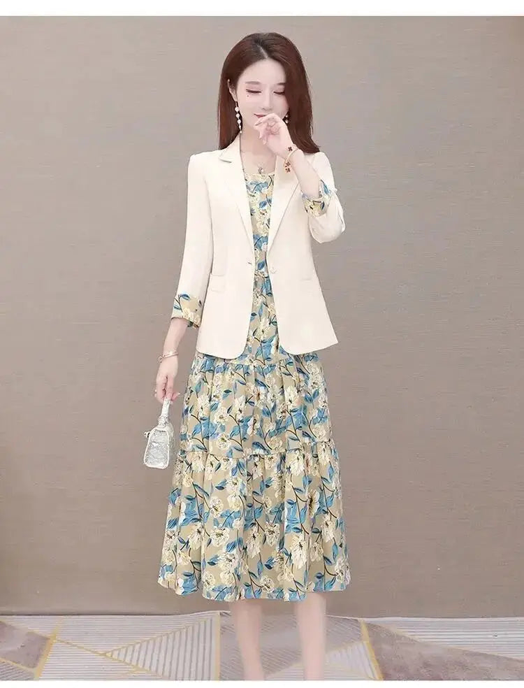 Women's Casual Floral Sling Dress Set 2025 Spring Autumn New Suit Jacket Dresses Two Piece Female Chic Blazers Midi Skirt Set