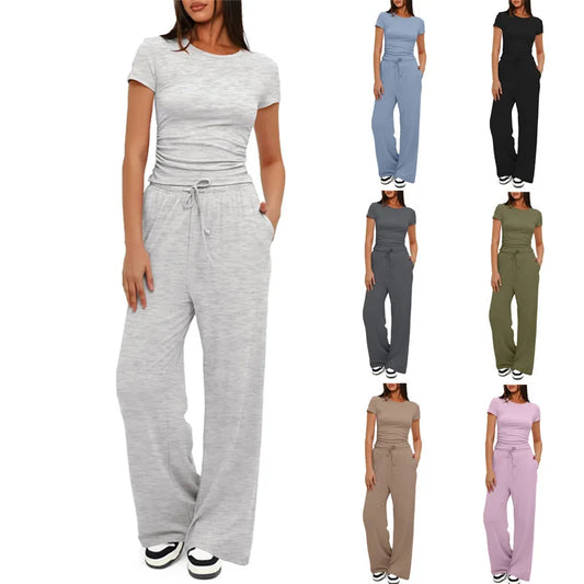 Women Two Pieces Set T-shirt And Wide Leg Pants Short Sleeves High Waist Solid Multi-colors Sports Yoga Casual Tracksuit