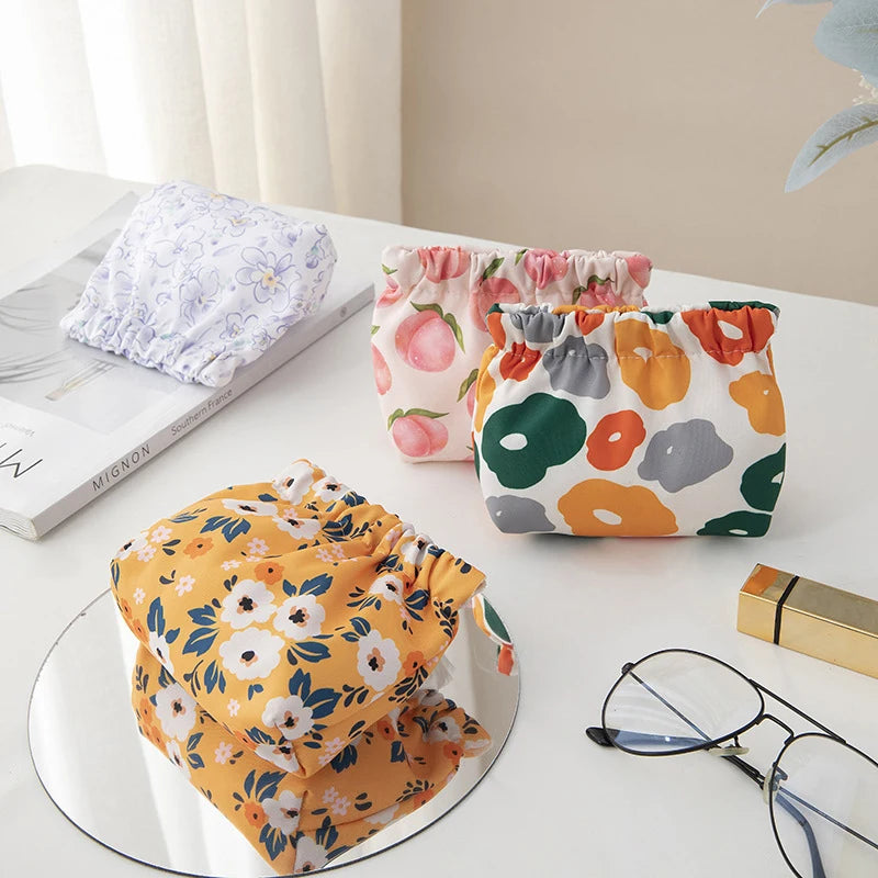 Floral Pocket Cosmetic Bag Oxford Cloth Elastic Self-Closing Pouches Coin Purse For Makeup Lipstick Earphones Jewelry Organizer