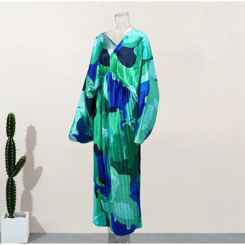 Maxi Dresses 2023 Summer Autumn Chic Vacation Holiday Vestidos Elegant V-neck Print Long Sleeve Dress For Women Patchwork Split