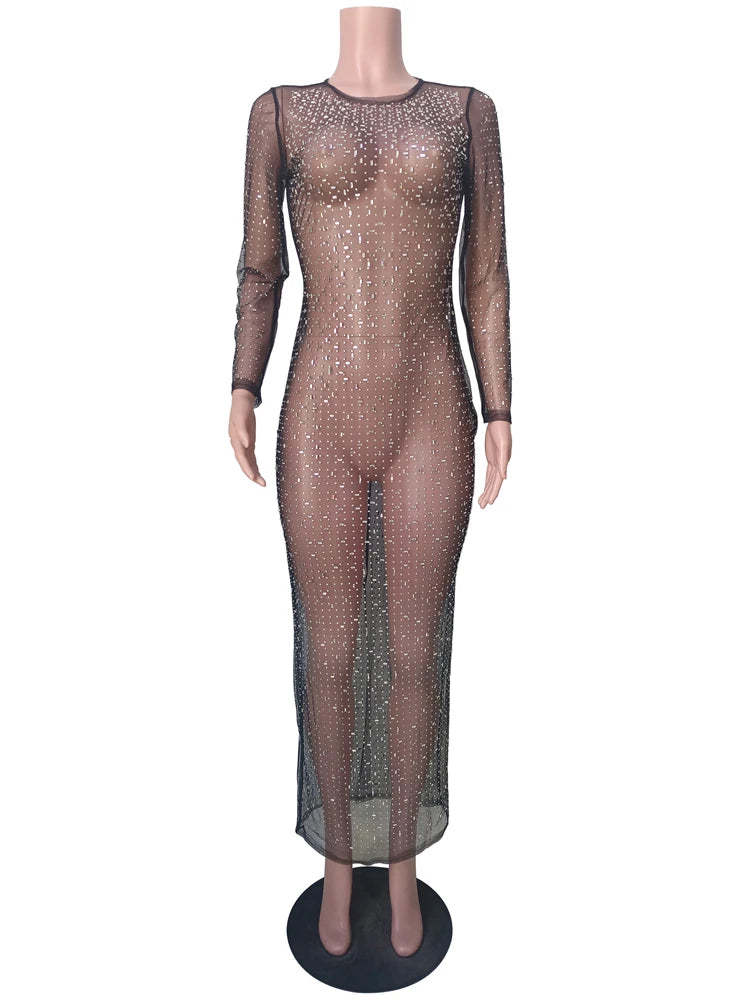 Tossy Glitter Female Cover up Maxi Dress Mesh See-Through Split Fashion Long Sleeve Slim Sexy Beach Cover up Dress For Women New