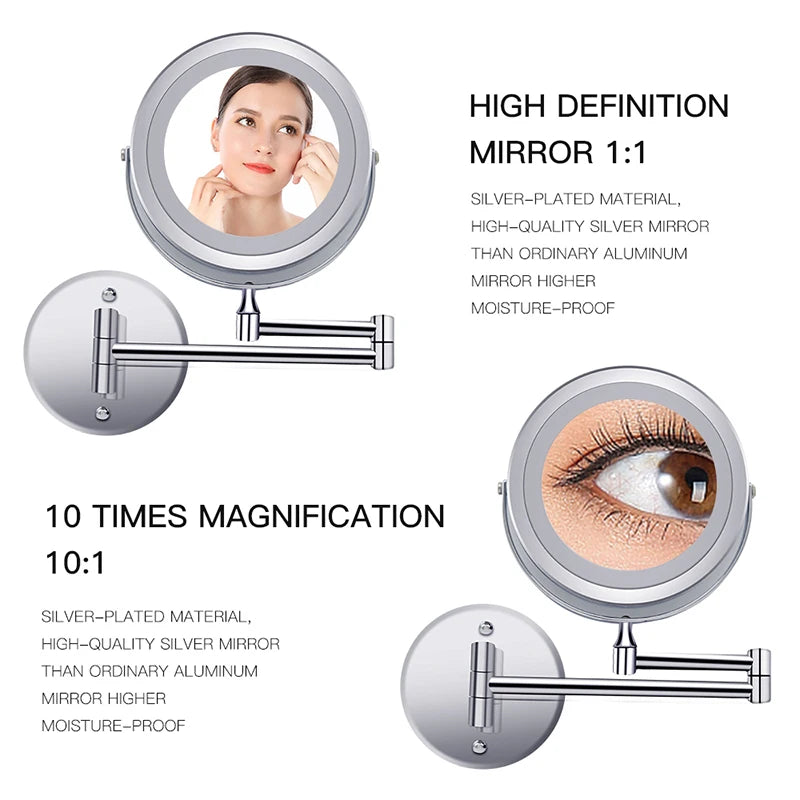 Wall Mounted Folding Arm Extend Bathroom Mirror With LED Light 10X Magnification Double Side Touch Dimming Makeup Mirrors