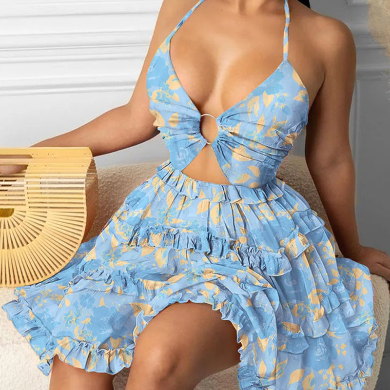 Summer New Printed Halter Neck Mini Dresses For Women Sexy Deep V-neck Hollow Out Backless Leace-up Dress Beach Vestido Feminino