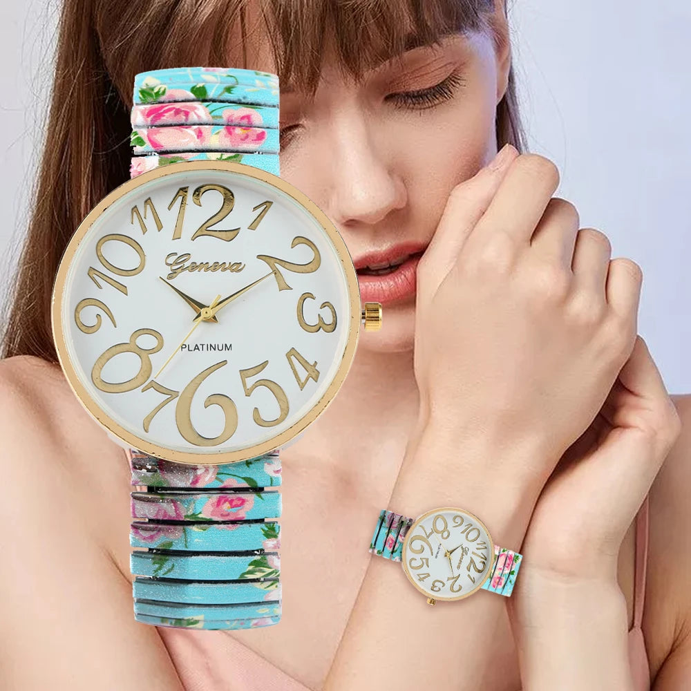 Fashion Women Quartz Watch Large Arabic Number Dial Ladies Wristwatch Unique Elastic Printing Strap Girls Watches Reloj Mujer