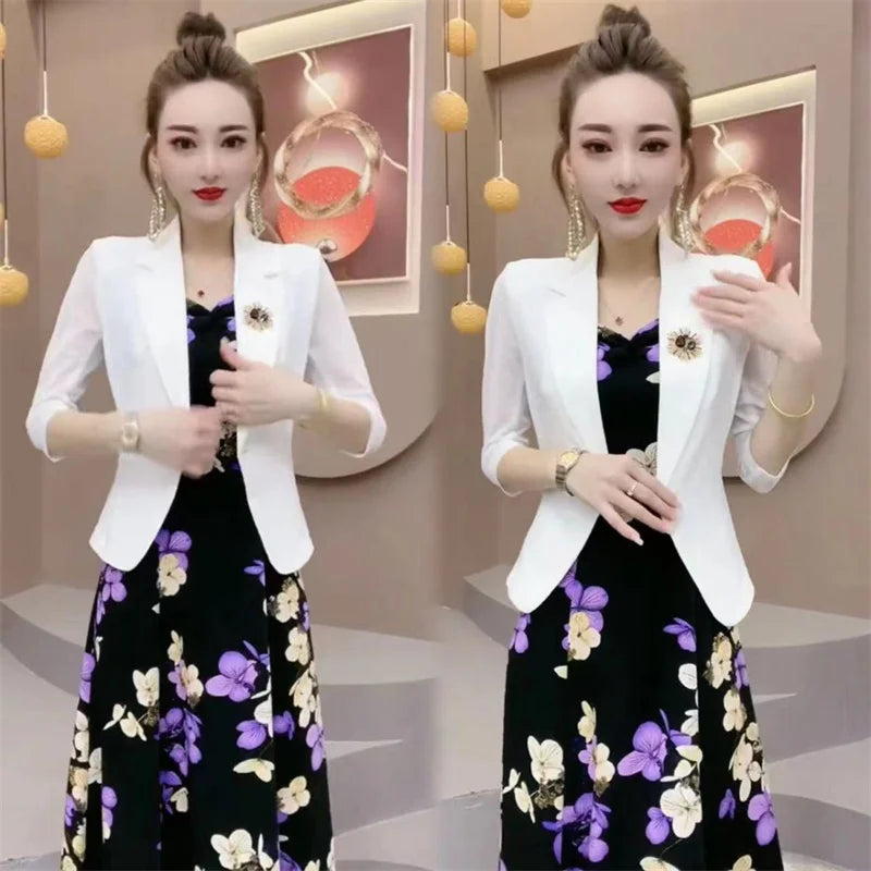 Popular High-End Brooch Blazer Slip Dress Suit Jacket Women's Summer Fashion Blazer Suit Skirt Two-Piece Set Sling Print Dress