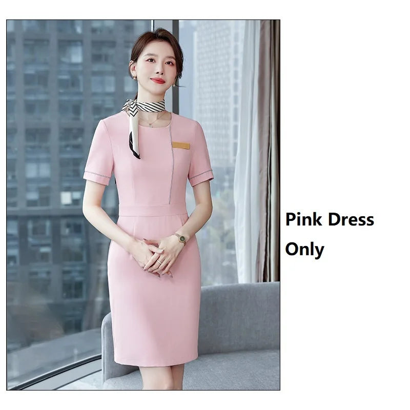 Summer Short Sleeve Elegant Dresses for Women Slim Hips with Scarf Professional Business Work Wear Office Ladies Vestidos