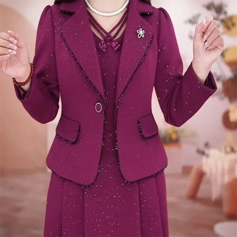 Middle Aged Female Dress Sets Spring Autumn High End Elegant Blazer Coat And Long Dress 2PCS Women OL Temperament Dresses Suit