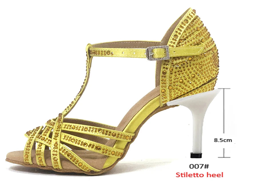 WUXIJIAO Classic Yellow Satin Latin Dance Shoes British Style Water Diamond Dance Shoes Sasha Tango Dance Shoes