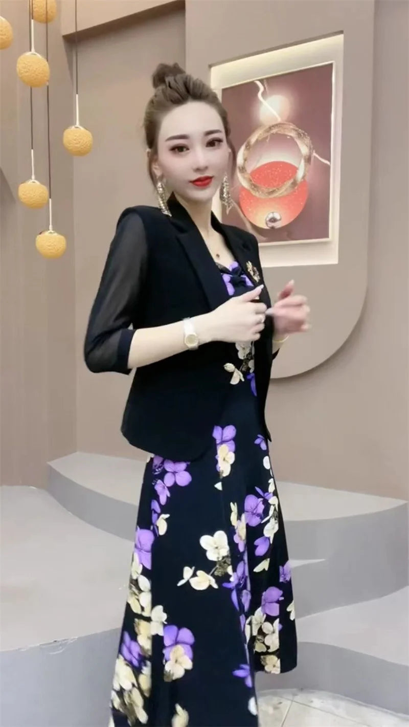 Popular High-End Brooch Blazer Slip Dress Suit Jacket Women's Summer Fashion Blazer Suit Skirt Two-Piece Set Sling Print Dress