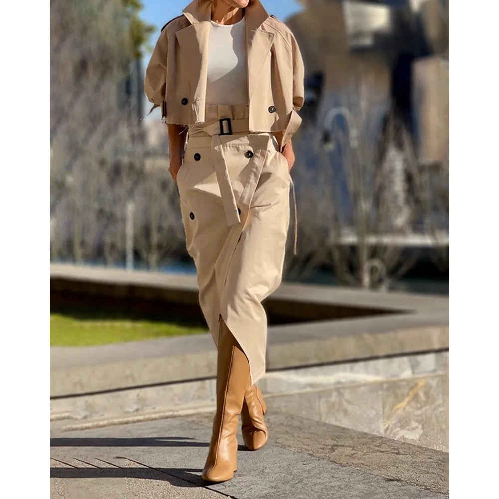 Casual Autumn Women Epaulet Nothched Collar Trench Short Coat & Buttoned Midi Pants Set Cargo Two Pieces Dress Set