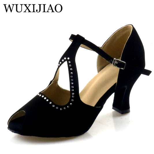 WUXIJIAO Suede Style Ballroom Dance Shoes Women with Black Party ladieslatin dance shoes black Women Latin Dance Shoes