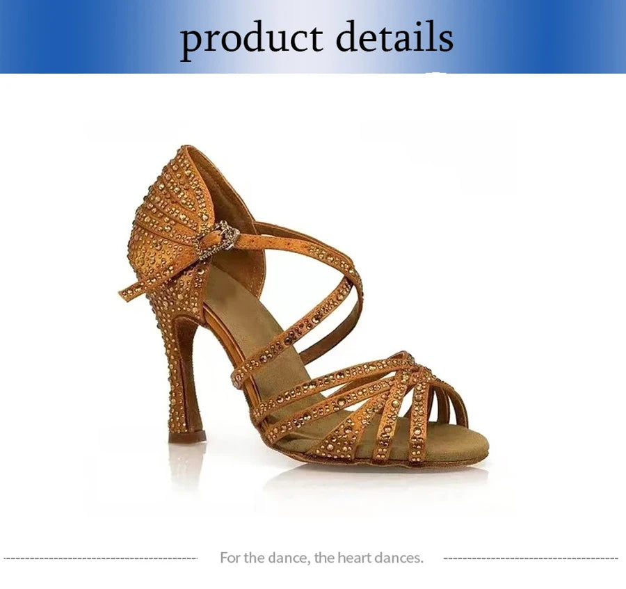 Bronze Rhinestone Latin Dance Shoes Women's Salas Ballroom Shoes Pearl High Heels 9cm Waltz Software Shoes Hot Selling