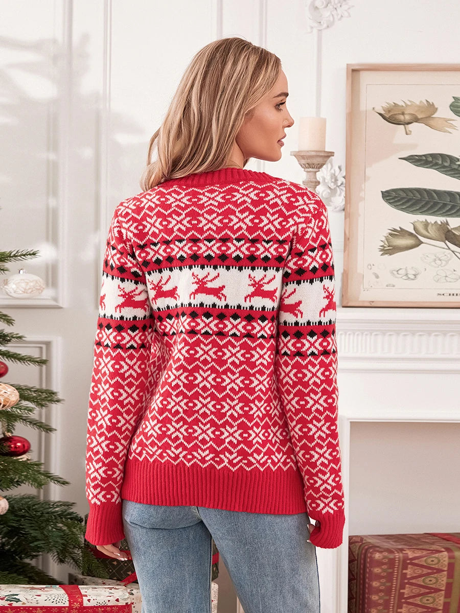 Women's Cute Christmas Sweater Reindeer Print Knitwear Long Sleeve Round Neck Pullover Holiday Knitwear