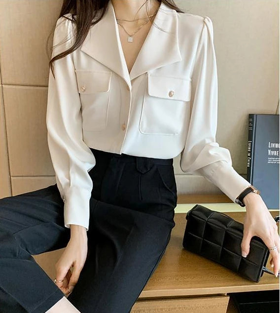 Women's Shirt and Blouse White Dress Shirts Loose Office Outfits Wear To Work Formal Female Tops Full Long Sleeve Button Up Cool