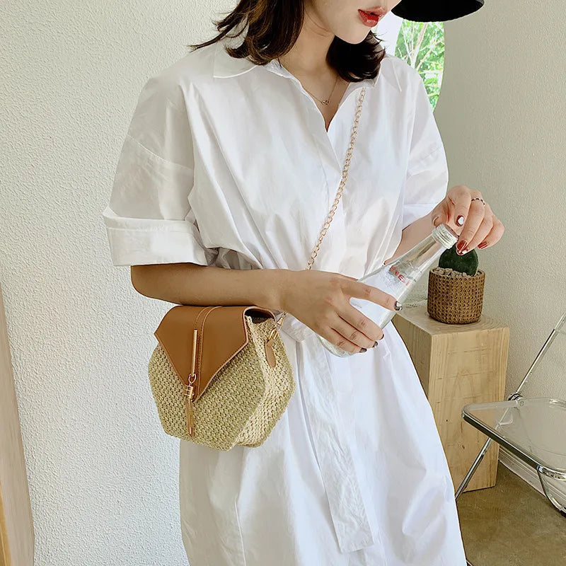 Hexagon Shape Straw PU Leather Handbag Women Summer Rattan Bag Handmade Woven Beach Bohemia Chain Strap Shoulder Crossbody Bags