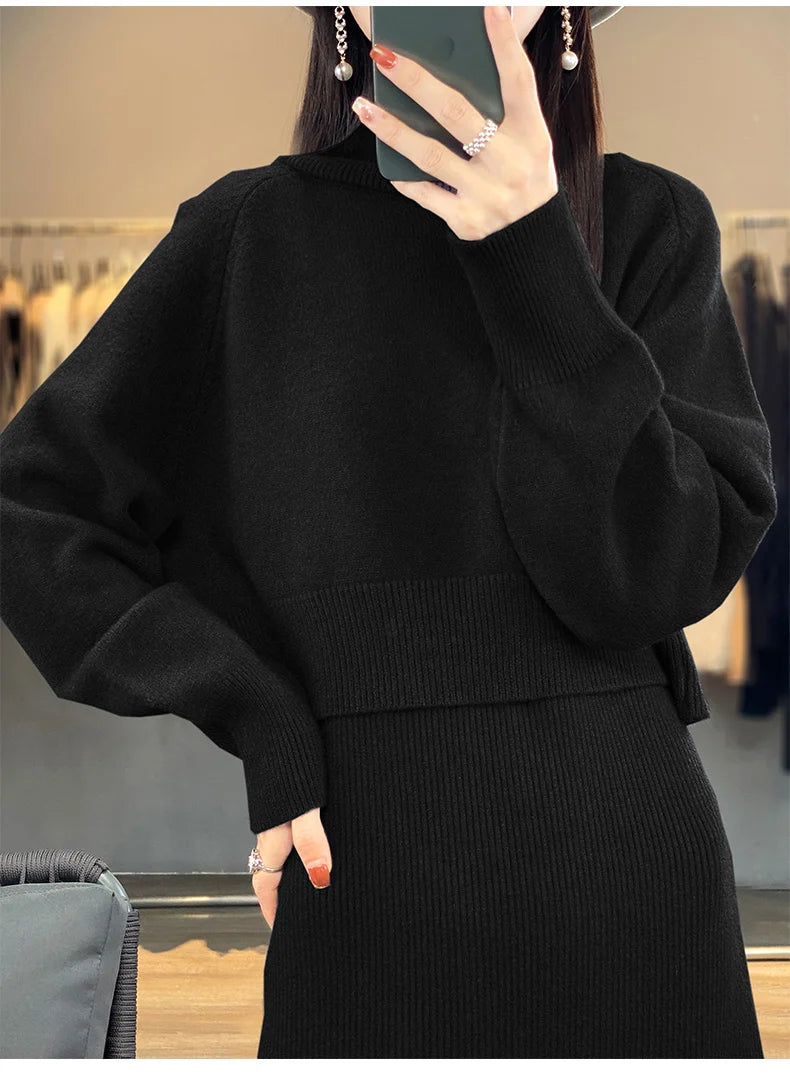 Two Piece Set Women New Autumn Winter Fashion Solid Color Sweater Suit Long Sleeve Turtleneck Clothing Straight Split Dress Sets