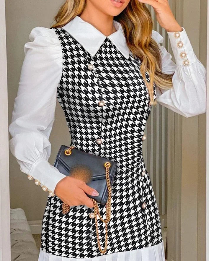 Womens Dresses 2024 Spring Fashion Houndstooth Button Decor Puff Sleeve Ruffle Hem Elegant Turn-Down Collar Daily A Line Dress