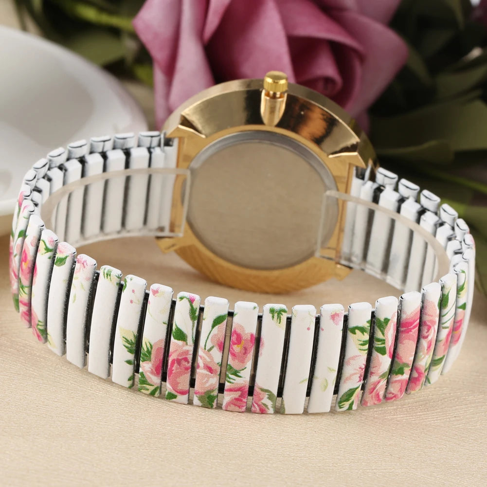 Fashion Women Quartz Watch Large Arabic Number Dial Ladies Wristwatch Unique Elastic Printing Strap Girls Watches Reloj Mujer