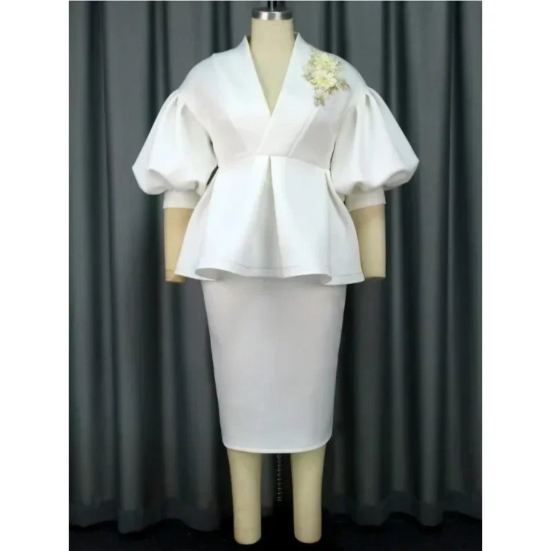 Elegant Women White Dress Set 2 Piece Outfits Cute Peplum Ruffle Tops with Appliques Pencil Skirt Sets Office Work Wedding Guest