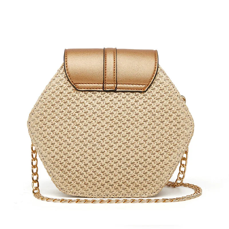 Hexagon Shape Straw PU Leather Handbag Women Summer Rattan Bag Handmade Woven Beach Bohemia Chain Strap Shoulder Crossbody Bags