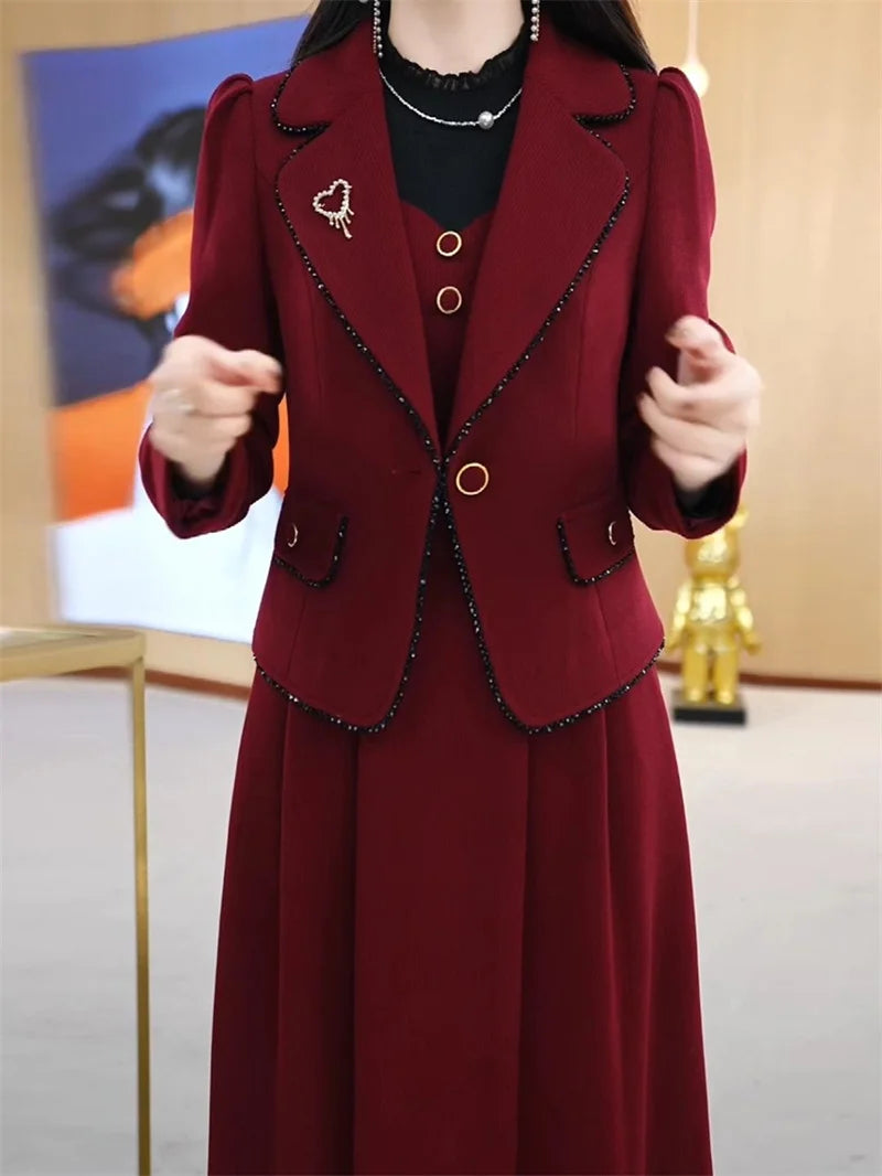 High End Suit Jacket Dress Two-piece Set Women 2024 Spring Autumn Winter New Advanced Red Blazer Coat Long Dress Female Outfit