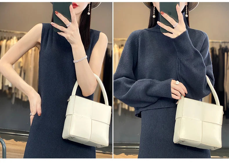 Two Piece Set Women New Autumn Winter Fashion Solid Color Sweater Suit Long Sleeve Turtleneck Clothing Straight Split Dress Sets