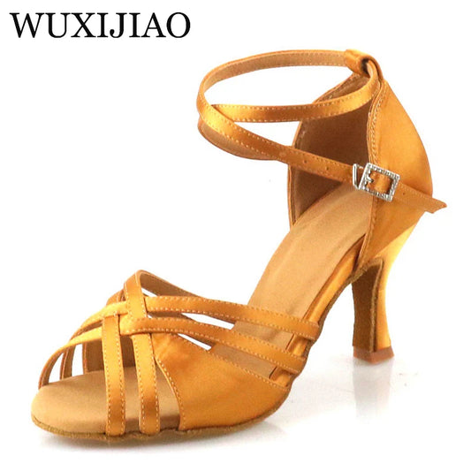 WUXIJIAO Ballroom dance shoes, women's rhinestone dance shoes, tango dance shoes, Sasha Latin dance shoes, bronze heel