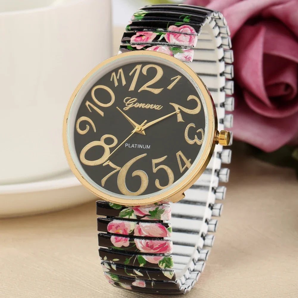 Fashion Women Quartz Watch Large Arabic Number Dial Ladies Wristwatch Unique Elastic Printing Strap Girls Watches Reloj Mujer