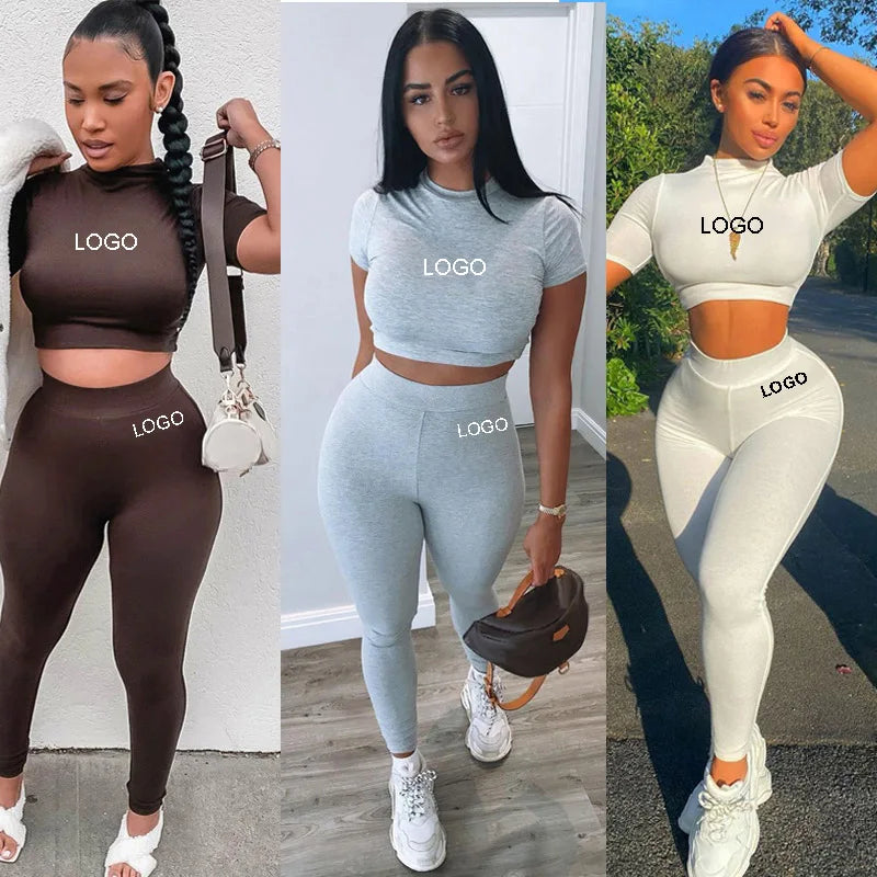 Custom Women Clothing ladies suit Two Piece Fitted Pants and crop Set Short Sleeve Skinny Crop Top Jogger Sweatpants Set Women