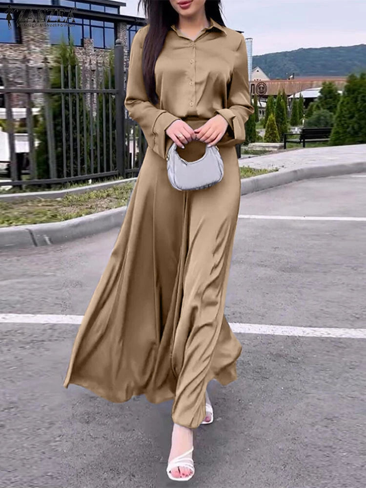 ZANZEA Vintage Satin Silk Dress Suit Fashion Solid Shirt Outfits Swing Skirt Sets Casual Loose Buttons Holiday Office 2pcs Sets