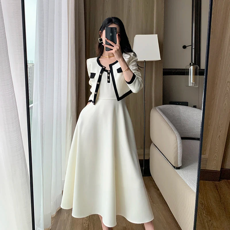 Women Short Coat A-Line Midi Camisole Dresses Spring Elegant 2-Piece Dress Set for Lady Slim Korean New Fashion Female Suit