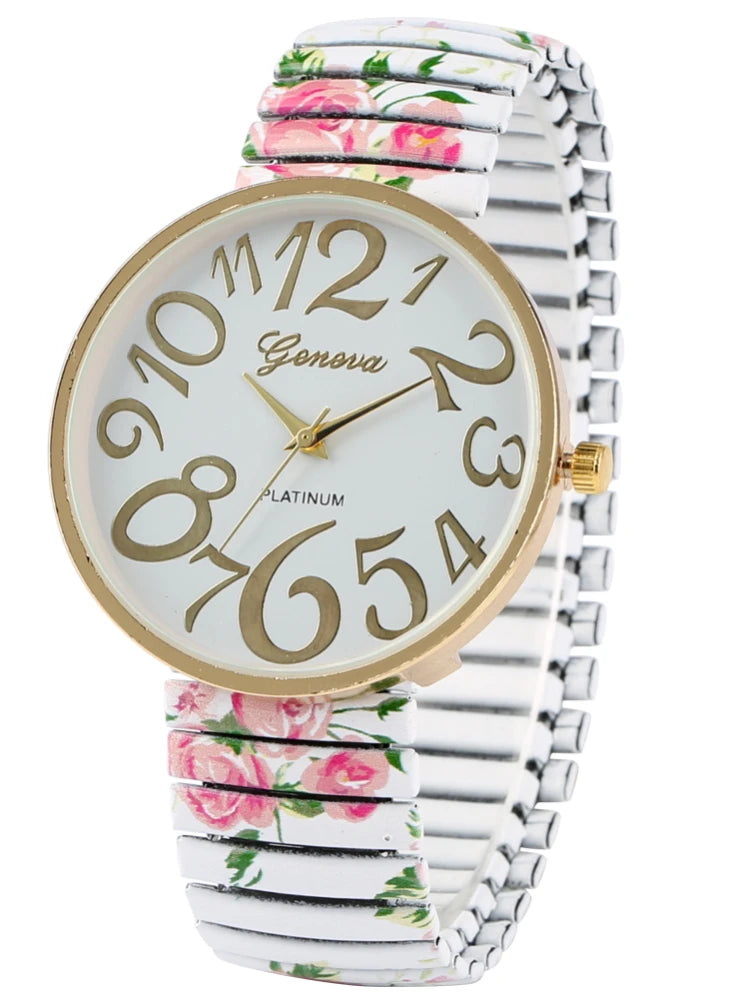 Fashion Women Quartz Watch Large Arabic Number Dial Ladies Wristwatch Unique Elastic Printing Strap Girls Watches Reloj Mujer